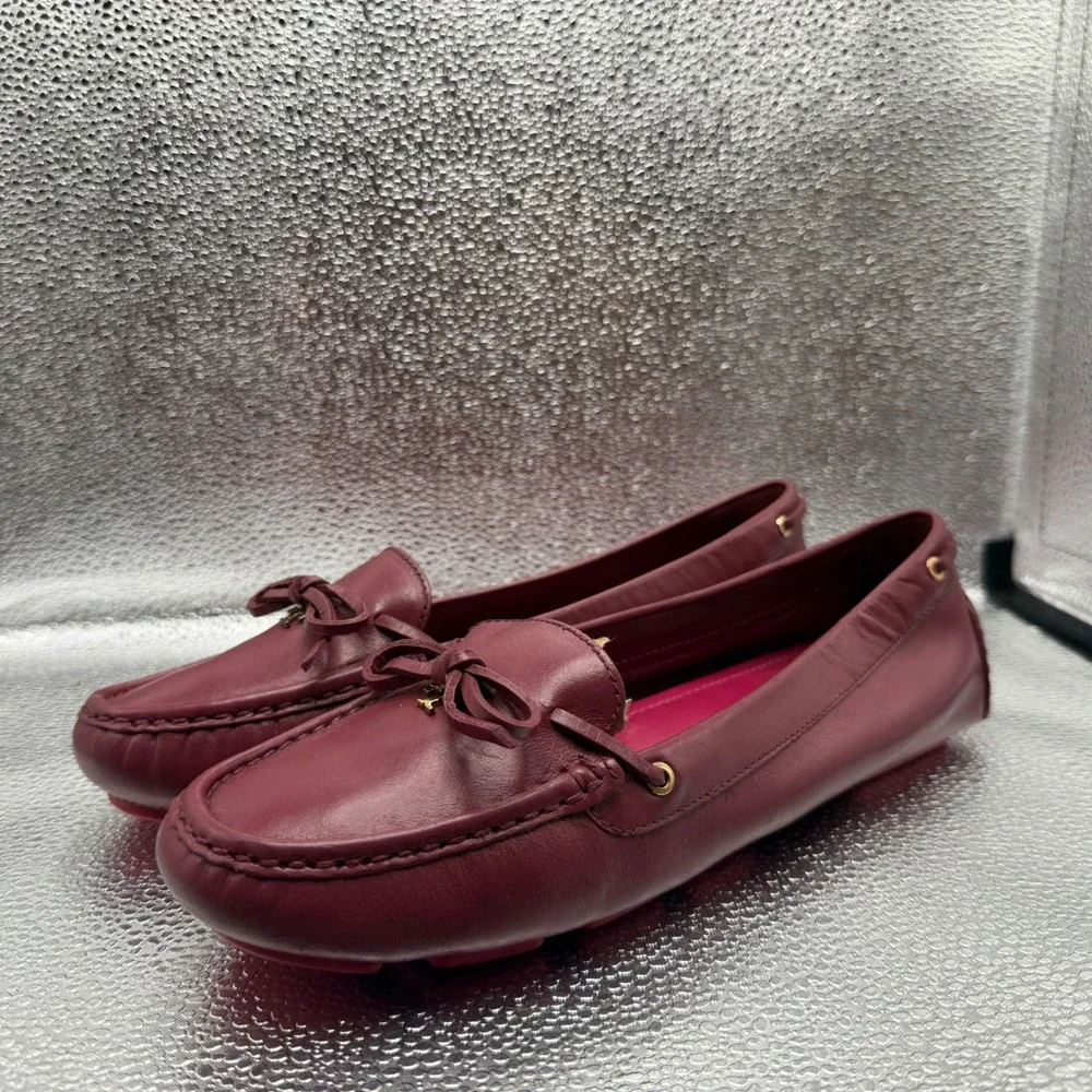 Size 8.5 Tory Burch Driving Loafers Womens Burgundy Excellent Leather Bow Logo